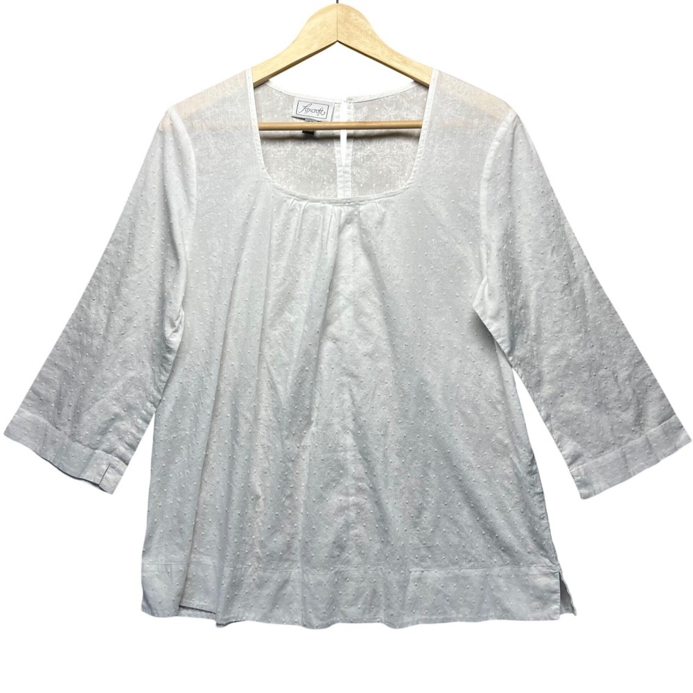 Foxcroft White Swiss Dot Embroidered Square Neck 3/4 Sleeve Blouse Cottage 10